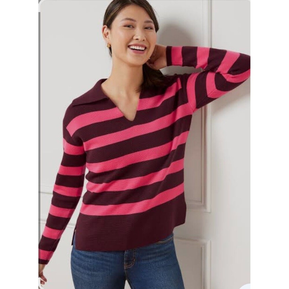 Talbots Milano Stitch Johnny Collar Sweater Women's Size Large Petite Striped